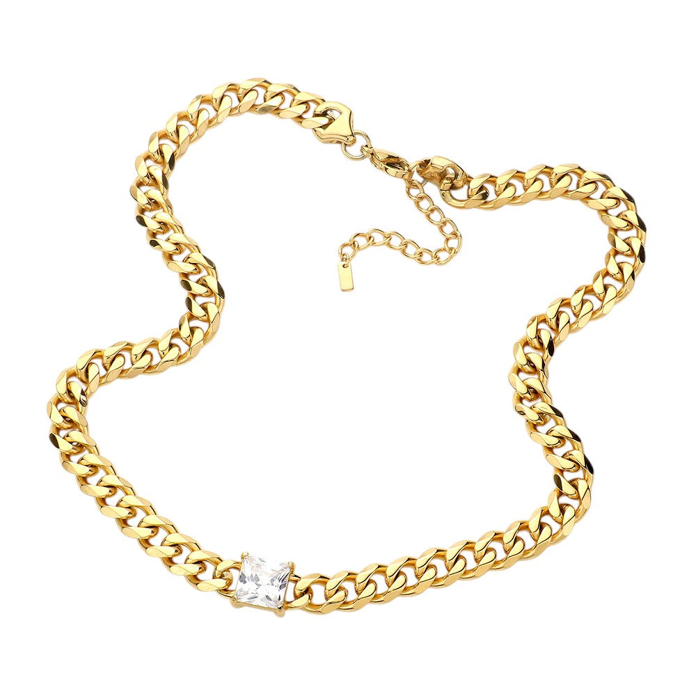 Gold 18K Gold Dipped Stainless Steel CZ Square Stone Accented Necklace features high-quality stainless steel dipped in 18K gold, adorned with a beautifully sparkling CZ square stone. Crafted with precision and durability, this elegant necklace is perfect for any occasion. Enjoy the luxurious shine of gold and the lasting strength of stainless steel, making it a timeless addition to your collection. 