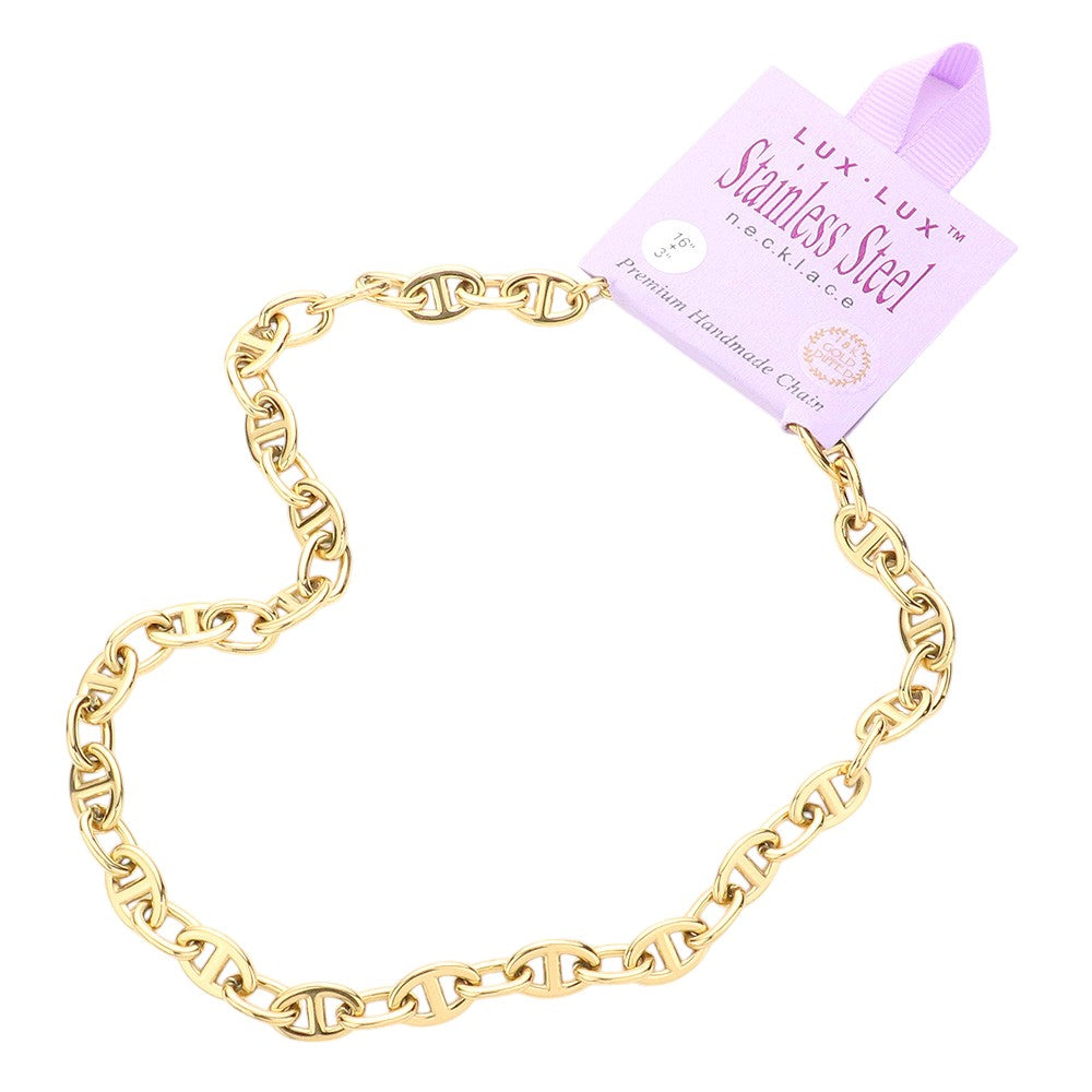 Gold 18K Gold Dipped Stainless Steel Handmade Chain Necklace is crafted with 18K gold dipped stainless steel, giving it a durable and luxurious finish. Its delicate design is perfect for any occasion and will surely elevate any outfit. Enjoy the benefits of a high-quality, handmade piece of jewelry that will last for years to come. 