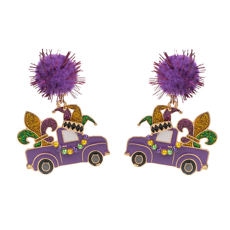 Gold Glittered Enamel Mardi Gras Truck Dangle Pom Earrings are the perfect accessory to add festive flair to your outfit. With their fun, colorful design, you’re sure to stand out in the crowd. Crafted with high-quality materials, these earrings are both stylish and durable— a must-have for any Mardi Gras celebration.