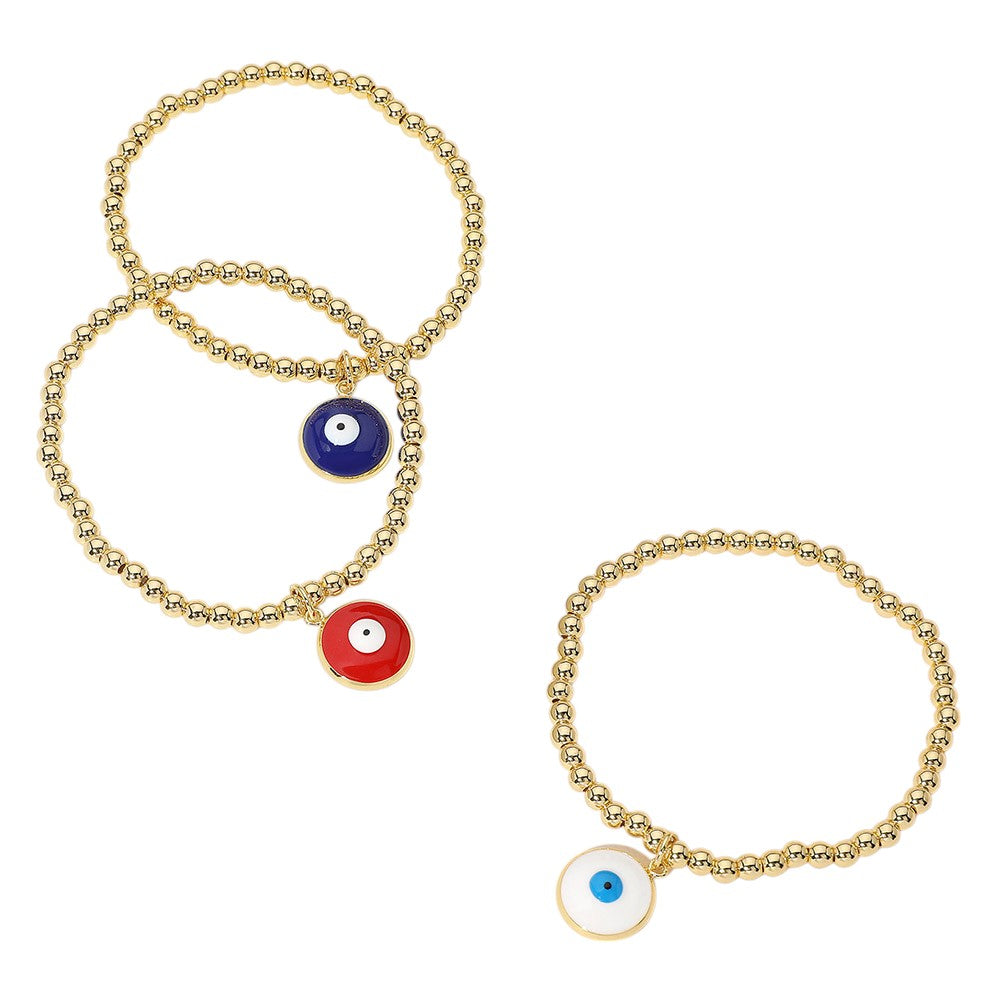 Gold Navy Stainless Steel Ball Evil Eye Charm Beaded Stretch Bracelet features a gold navy color and a charming design of the protective evil eye. Made with high-quality stainless steel, it measures 0.2" in height and is stretchable for a comfortable fit. The 0.5" X 0.5" charm adds a touch of unique elegance.