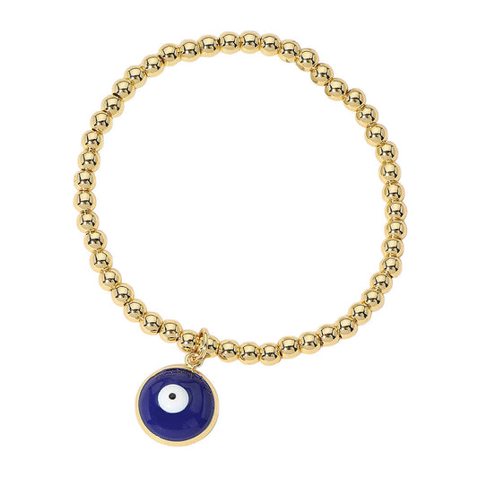 Gold Navy Stainless Steel Ball Evil Eye Charm Beaded Stretch Bracelet features a gold navy color and a charming design of the protective evil eye. Made with high-quality stainless steel, it measures 0.2" in height and is stretchable for a comfortable fit. The 0.5" X 0.5" charm adds a touch of unique elegance.