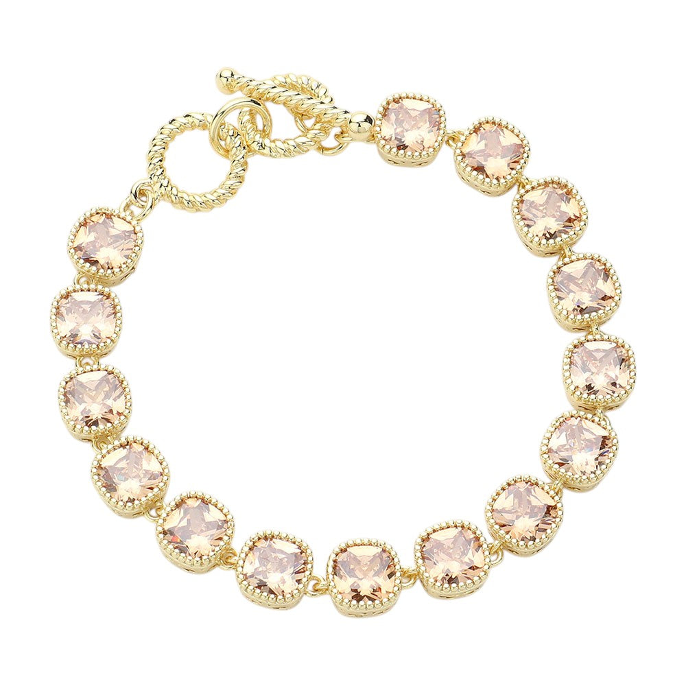 14K Gold Plated Square CZ Stone Link Evening Toggle Bracelet - Gold Peach - Bracelet