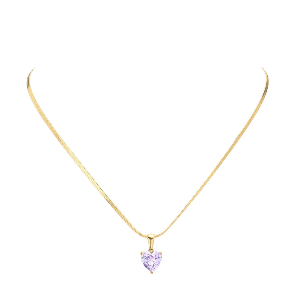 Gold Purple  18K Gold Dipped Stainless Steel CZ Heart Pendant Necklace is a timeless piece that combines durability and elegance. This necklace is Made of high-quality materials and features a stunning CZ heart pendant that sparkles from every angle. Add a touch of sophistication to any outfit with this beautiful necklace. 
