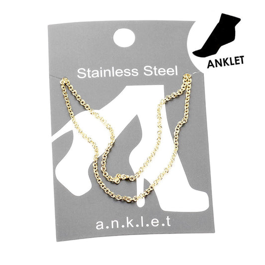 Gold Stainless Steel Metal Chain Double Layered Anklet is a durable and stylish accessory for any outfit. Made from high-quality stainless steel, it offers a sleek and modern look while also being strong and long-lasting. With two layers of chain, it adds an elegant touch to your ankle and can be easily paired with any shoe. It is a must-have for any fashion-forward individual.