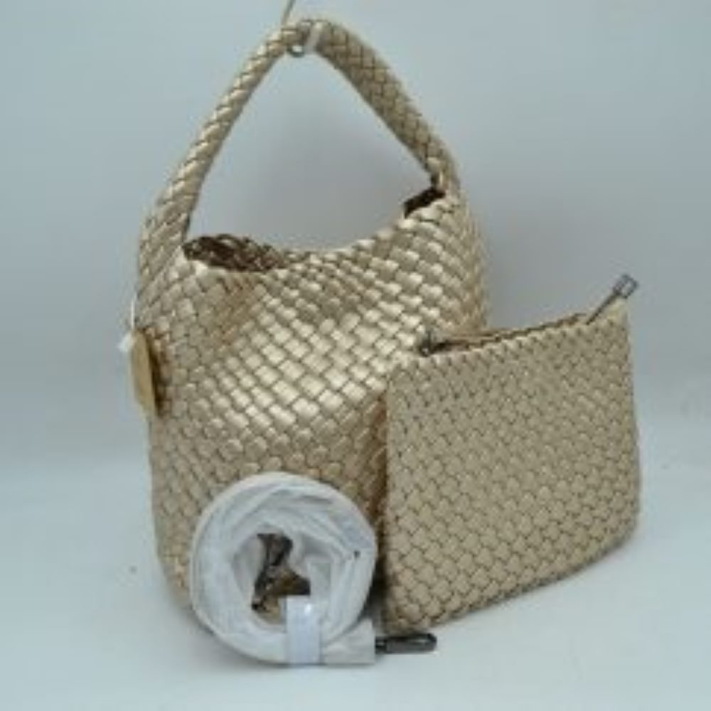 Golden This stylish everyday hobo bag features an all-over classic basket weave design and a slouchy silhouette. It is crafted with a seamless, integrated wide top handle that transitions directly into the main storage compartment for comfortable hand or shoulder carrying.