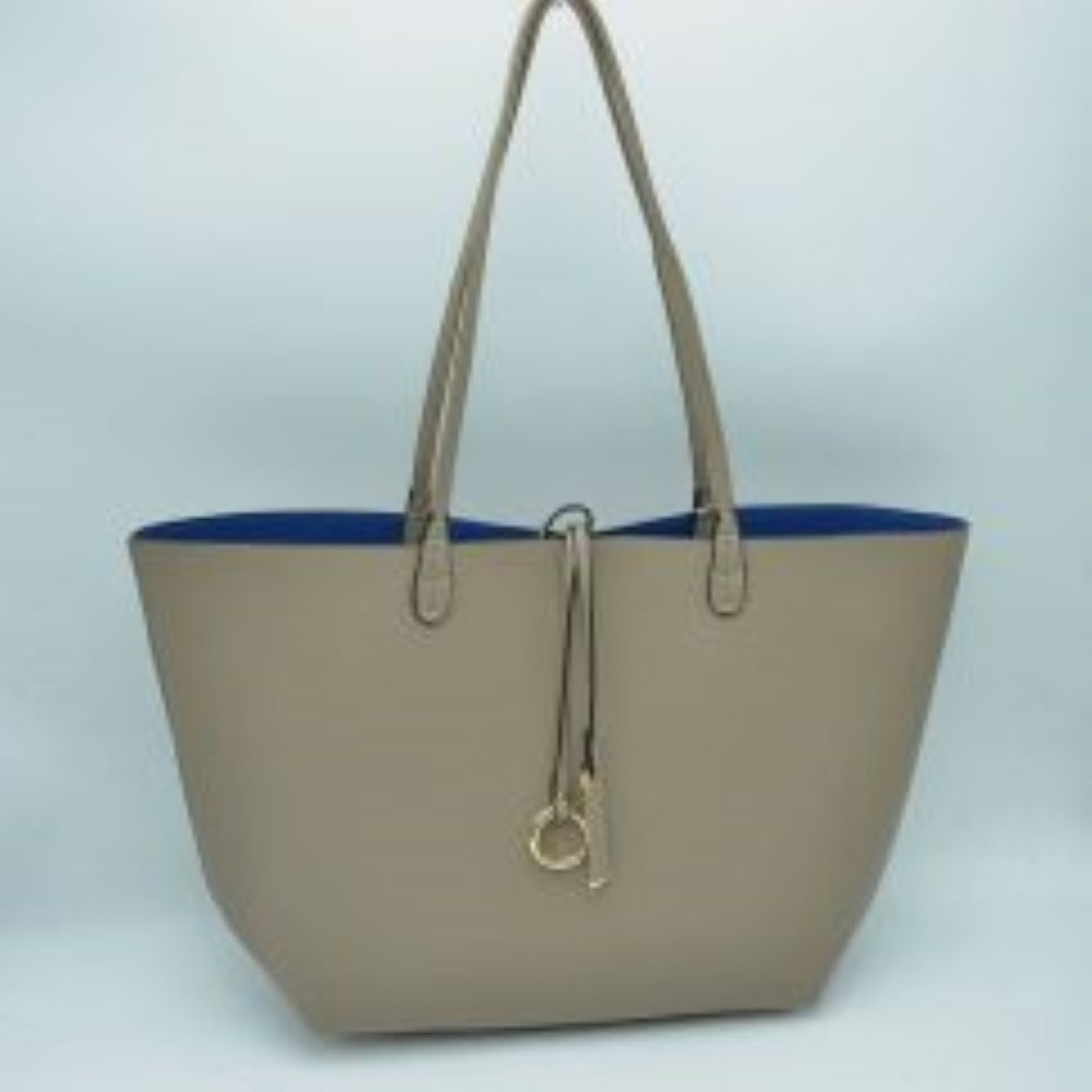 Gray-Blue This classic tote bag features a smooth exterior finish with a timeless trapeze silhouette, offering an elegant look for everyday use. Designed with an open top for quick access, the spacious main compartment provides ample storage space for daily essentials. Dual slim shoulder handles are securely stitched to the upper panels, while a decorative central drawstring tie accents the front, complete with a metallic ring and matching tab accent for a polished touch.
