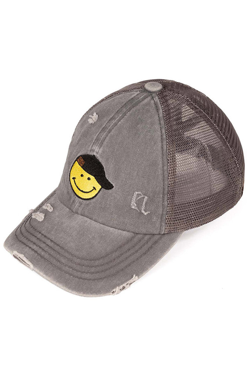 Gray  C.C SMILE CRISS-CROSS PONY CAP is a versatile and stylish accessory. Made with high-quality materials and a unique criss-cross design, it offers a secure and comfortable fit. Perfect for any season, this cap adds a touch of fashion to any outfit.