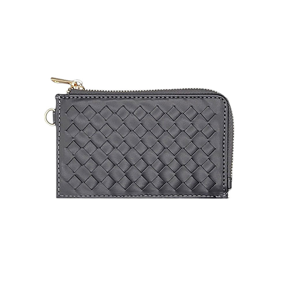 Faux Leather Basket Weave Flat Card Holder Wallet with Wristlet - Gray - Wallets
