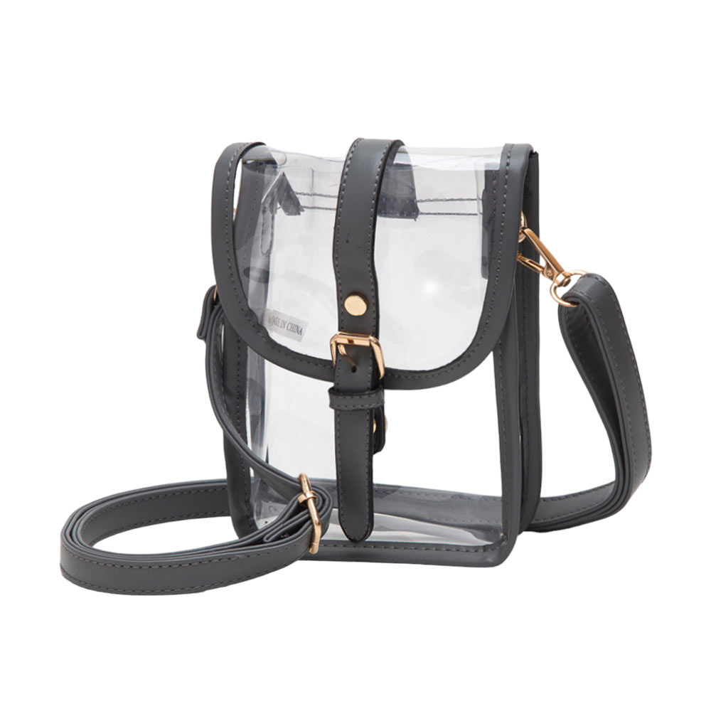 Gray-Faux Leather Belt Buckle Pointed Transparent Crossbody Bag , Expertly crafted from faux leather, this crossbody bag features a unique pointed design and transparent material, making it a modern and fashionable accessory. The belt buckle adds a touch of edginess, while the spacious interior allows for convenient storage