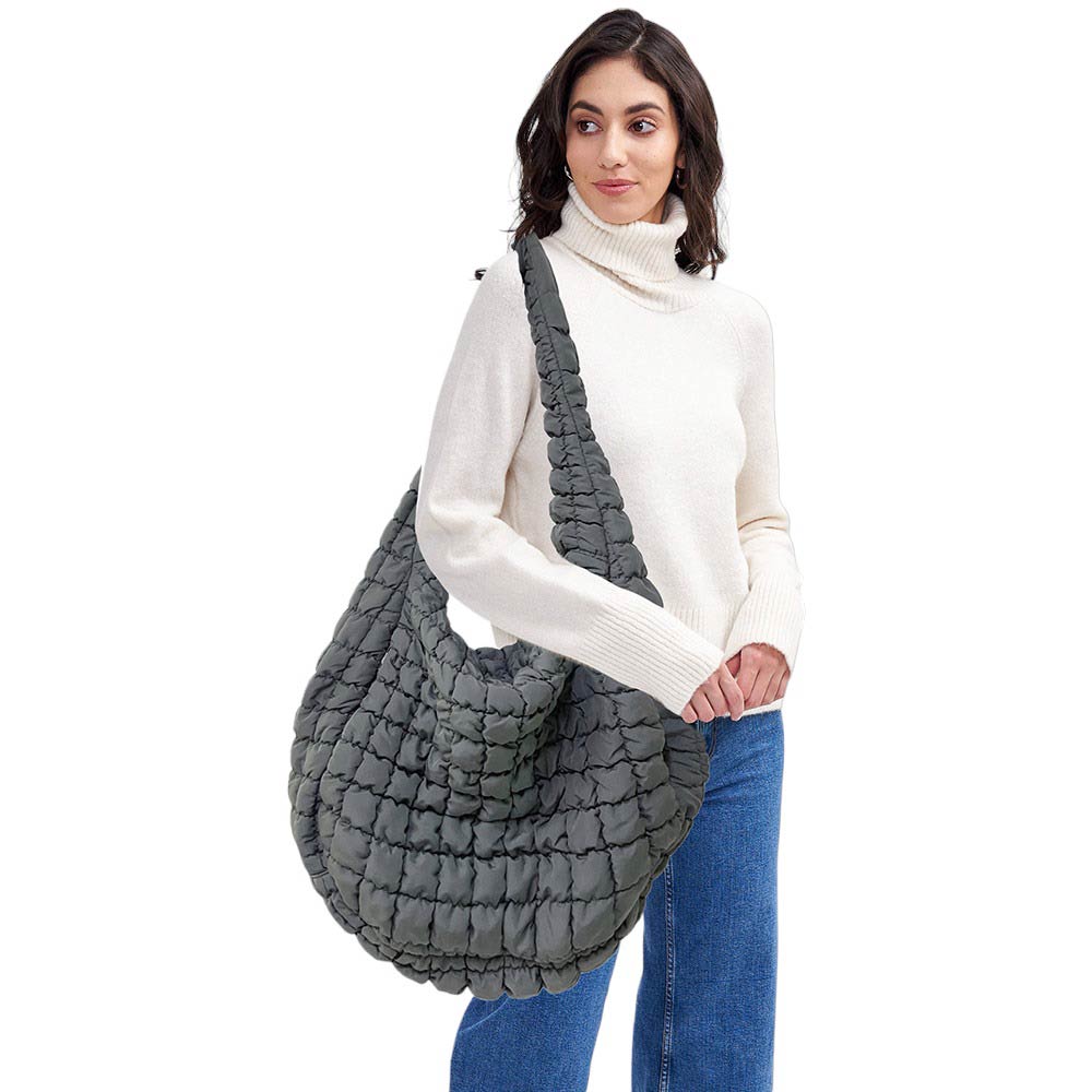 Gray Oversized Quilted Puffer Shoulder Crossbody Bag Cloud Bag, Stay warm and stylish. Made of durable material, it is insulated to keep you cozy in the coldest conditions. The shoulder straps make it comfortable and convenient to carry, so you can bring everything you need with ease. Perfect for gifting on any occasion.