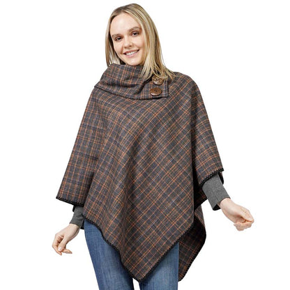 Gray Plaid Patterned Coconut Button Poncho, with the latest trend in ladies' outfit cover-up! The high-quality knit poncho is soft, comfortable, and warm but lightweight. It's perfect for your daily, casual, party, evening, vacation, and other special events outfits. A fantastic gift for your friends or family.