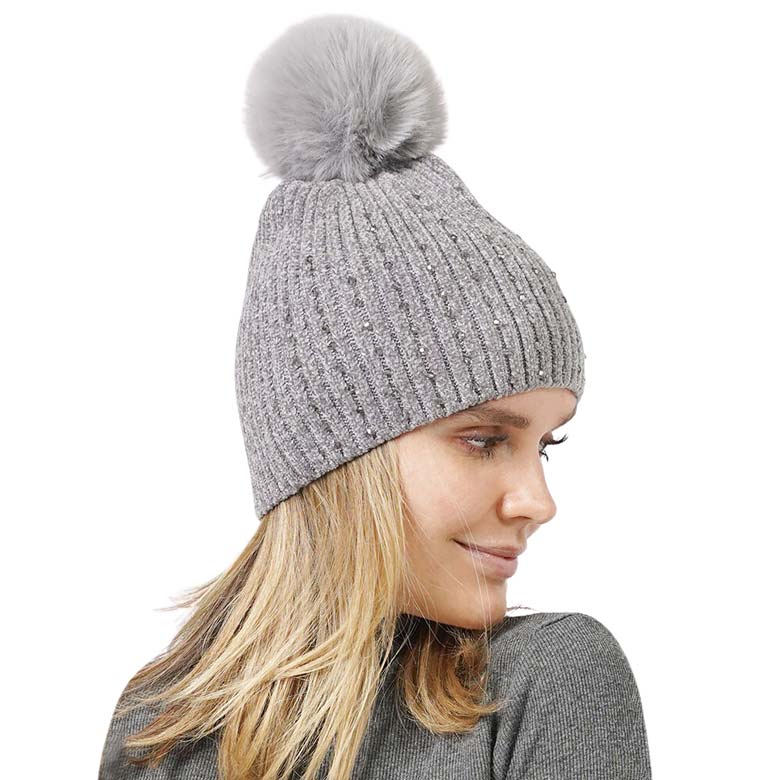 Gray Stone Embellished Chenille Pom Pom Beanie Hat, wear this beautiful beanie hat with any ensemble for the perfect finish before running out the door into the cool air. An awesome winter gift accessory and the perfect gift item for Birthdays, Christmas, Stocking stuffers, holidays, anniversaries, Valentine's Day, etc.