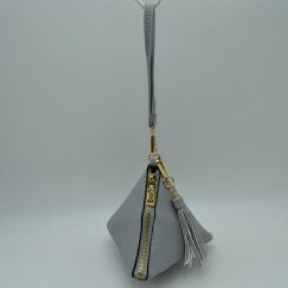 Gray This unique handbag features a distinctive pyramid-shaped design that creates a geometric silhouette perfect for statement-making everyday use. The main storage compartment is accessed via a prominent, secure vertical zipper equipped with a large metallic pull tab. For easy carrying convenience, the bag is outfitted with a slender top wristlet loop and a matching hanging tassel accent attached securely to the top hardware hook, blending modern design with functional portability.
