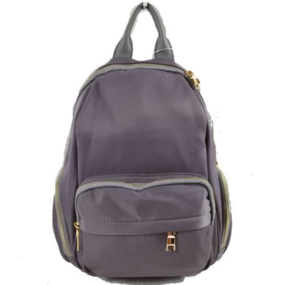 Gray This practical backpack features a smooth, streamlined exterior designed for active everyday use. It offers ample storage compartments, including a spacious main section with a top curved zipper and a prominent front zippered pouch accented by a small metallic square detail. For added organization, matching zippered side pockets line the lower edges of the bag. The design is completed with a smooth top loop handle for quick carrying