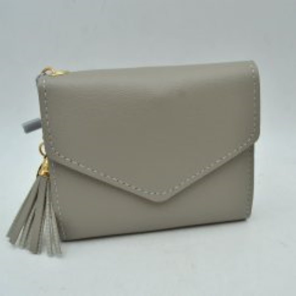 Gray This compact wallet features a classic envelope-style design with a distinctive V-shaped front flap and clean perimeter stitching, making it a stylish choice for everyday use. Designed to offer a streamlined storage solution for essential items, it maintains a sleek, structured silhouette that easily fits into larger bags or pockets. A decorative tassel charm with a metallic cap is attached to the side hardware, adding a functional and eye-catching accent to the understated design.
