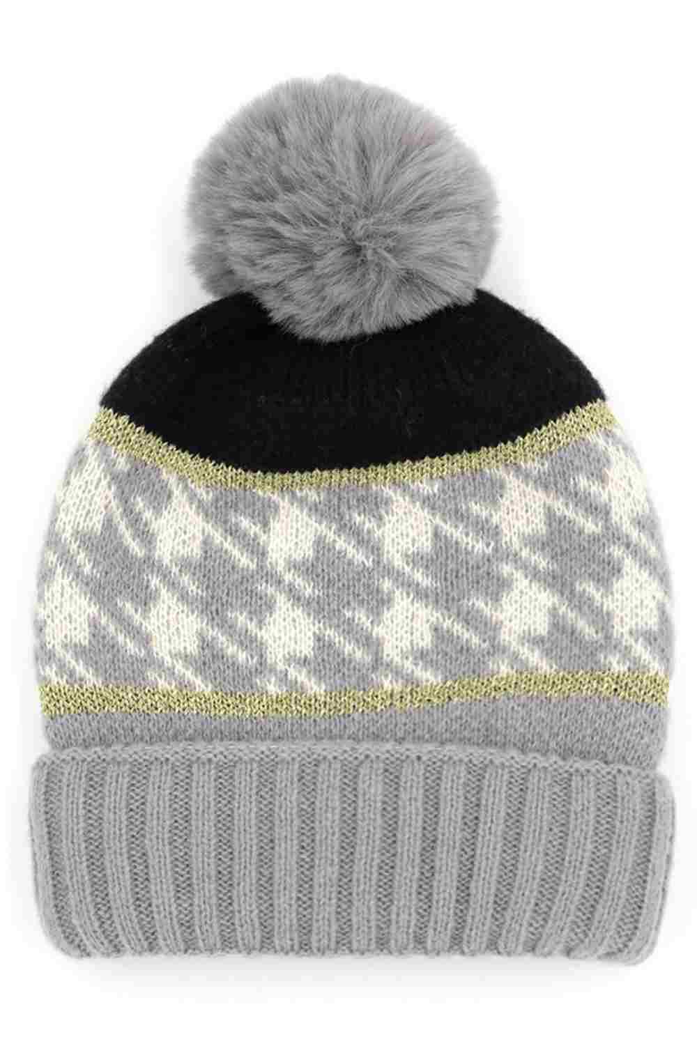 Gray Houndstooth PomPom Beanie features a classic houndstooth knit pattern topped with a fluffy pom for a stylish, winter-ready look. Finished with a soft stretch fit, it keeps you warm and comfortable while adding timeless charm to your cold-weather outfits.