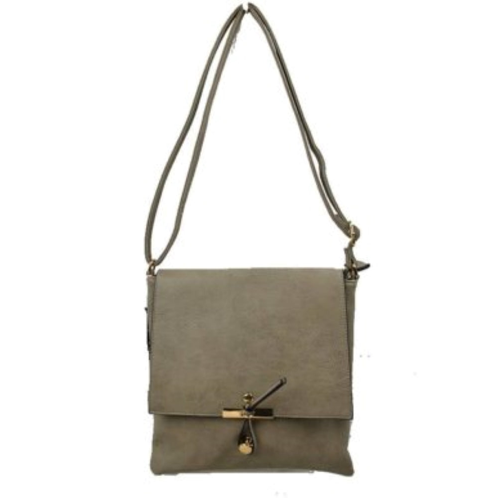 Gray This sleek handbag features a textured pebbled finish with a clean foldover flap design, making it an ideal choice for stylish daily wear. The front closure is accented with a unique knotted strap detail paired with a polished metallic slider and decorative charm. Designed with a slim square profile, it includes a long, adjustable shoulder strap for comfortable hands-free crossbody or shoulder carrying.
