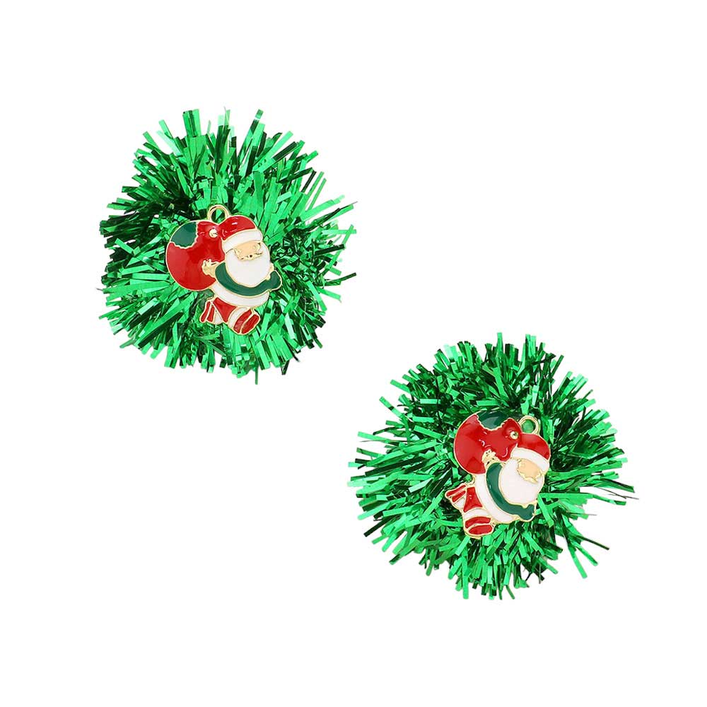 Green Enamel Santa Claus Tinsel Earrings, Crafted with a festive enamel finish and sparkling tinsel accents, are the perfect way to add a touch of Christmas flair to your look. With comfortable posts and secure clasps, these earrings are a joy to wear. Compatible with any holiday outfit, makes it the perfect Christmas gift.