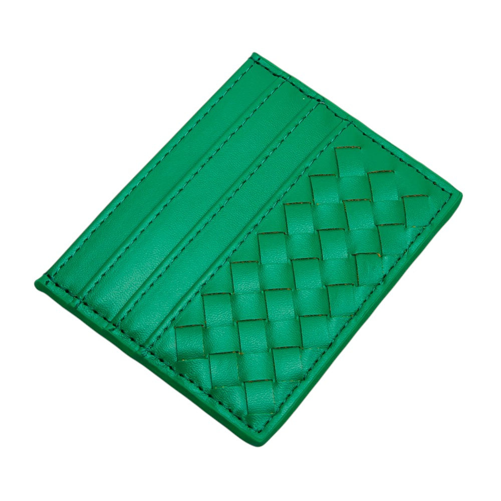Green Faux Leather Basket Weave Card Holder Wallet boasts a stylish basket weave design. Made from durable materials, it can securely hold multiple cards and cash while keeping a slim profile. Perfect for those looking for a sophisticated and functional accessory.