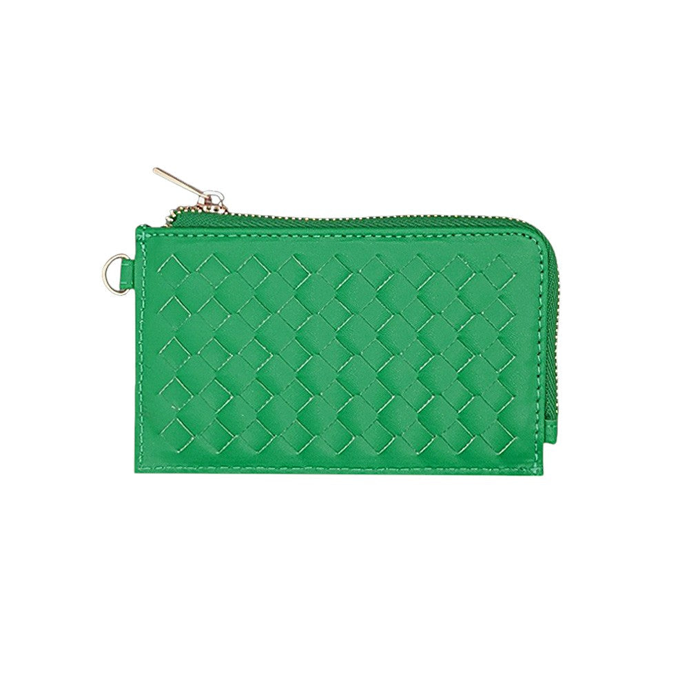 Faux Leather Basket Weave Flat Card Holder Wallet with Wristlet - Kelly Green - Wallets