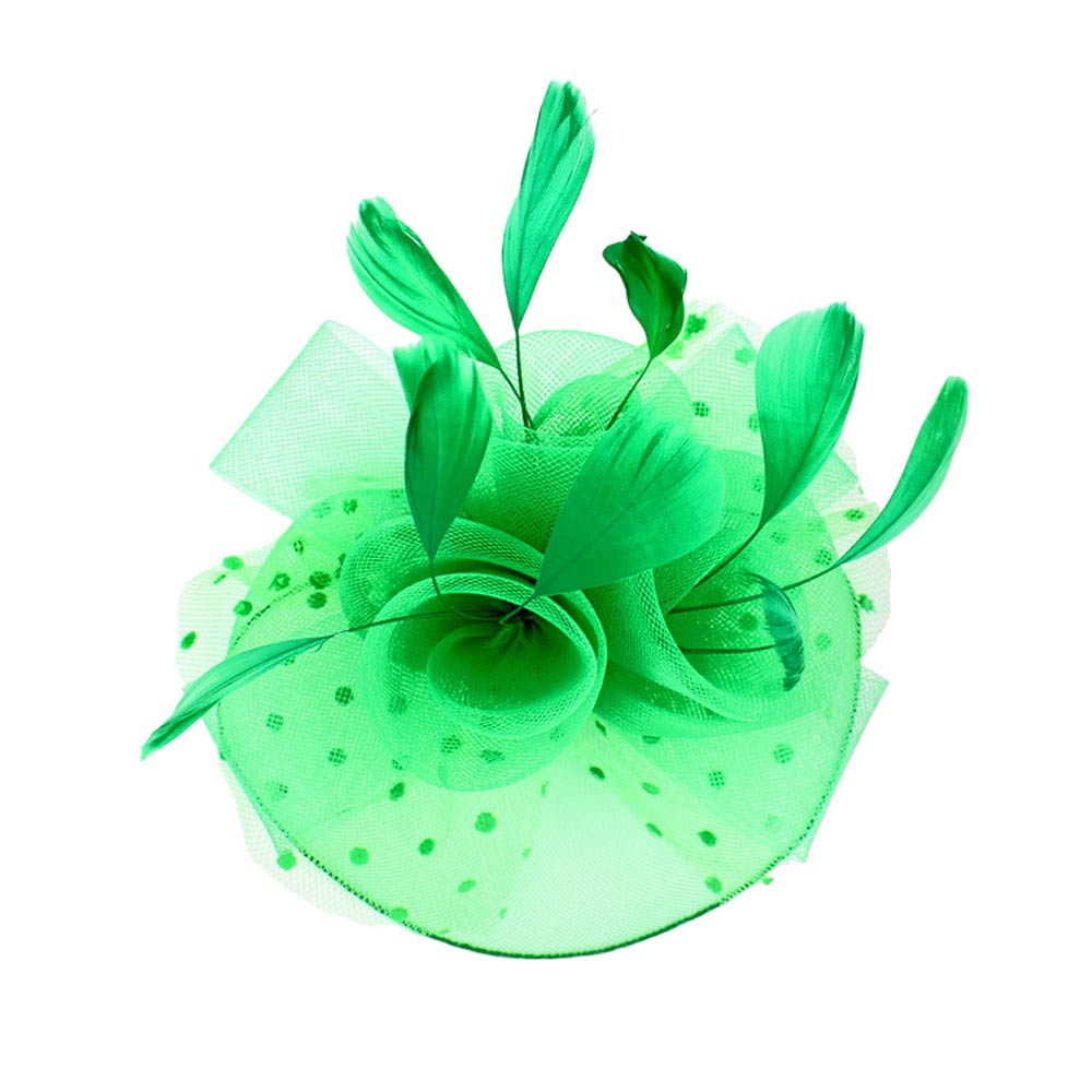 Green Feather Mesh Flower Fascinator Headband, Accentuate your look with this. Crafted with mesh and feathers, this headband brings an elegant touch to any outfit. The unique flower shape gives it a timeless and classic look. Perfect for gifting, any occasion, or everyday wear.