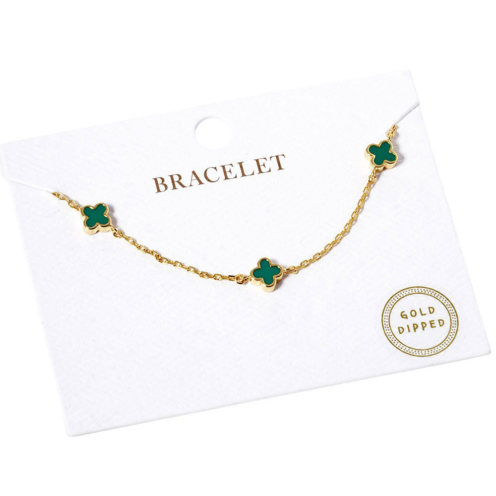 Green Gold Dipped Triple Quatrefoil Link Bracelet, is the perfect accessory for any outfit. Crafted using gold-dipped materials, it is lightweight, durable, and will not tarnish. A triple Quatrefoil Link design adds interest and style to any look. This beautiful bracelet can be a nice gift to your loved ones on any occasion.