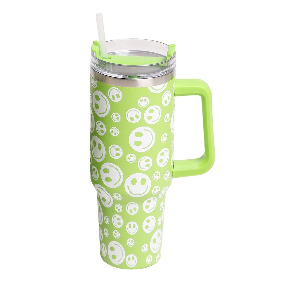 Green Happy Face Printed 40oz Stainless Steel Tumbler With Handle is perfect for keeping your drinks hot or cold for hours. Made of durable stainless steel and featuring a fun happy face print, this tumbler is a great addition to your drinkware collection. With its large 40oz capacity and convenient handle, you can enjoy your favorite beverages on the go while spreading joy and happiness.