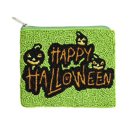 Green-Celebrate Halloween with our Happy Halloween Message Seed Beaded Mini Pouch Bag, Perfect for storing small items and adding a festive touch to your outfit. Hand-crafted with seed beads, this bag is a unique accessory that will make you stand out during the spooky season. Get yours now! 