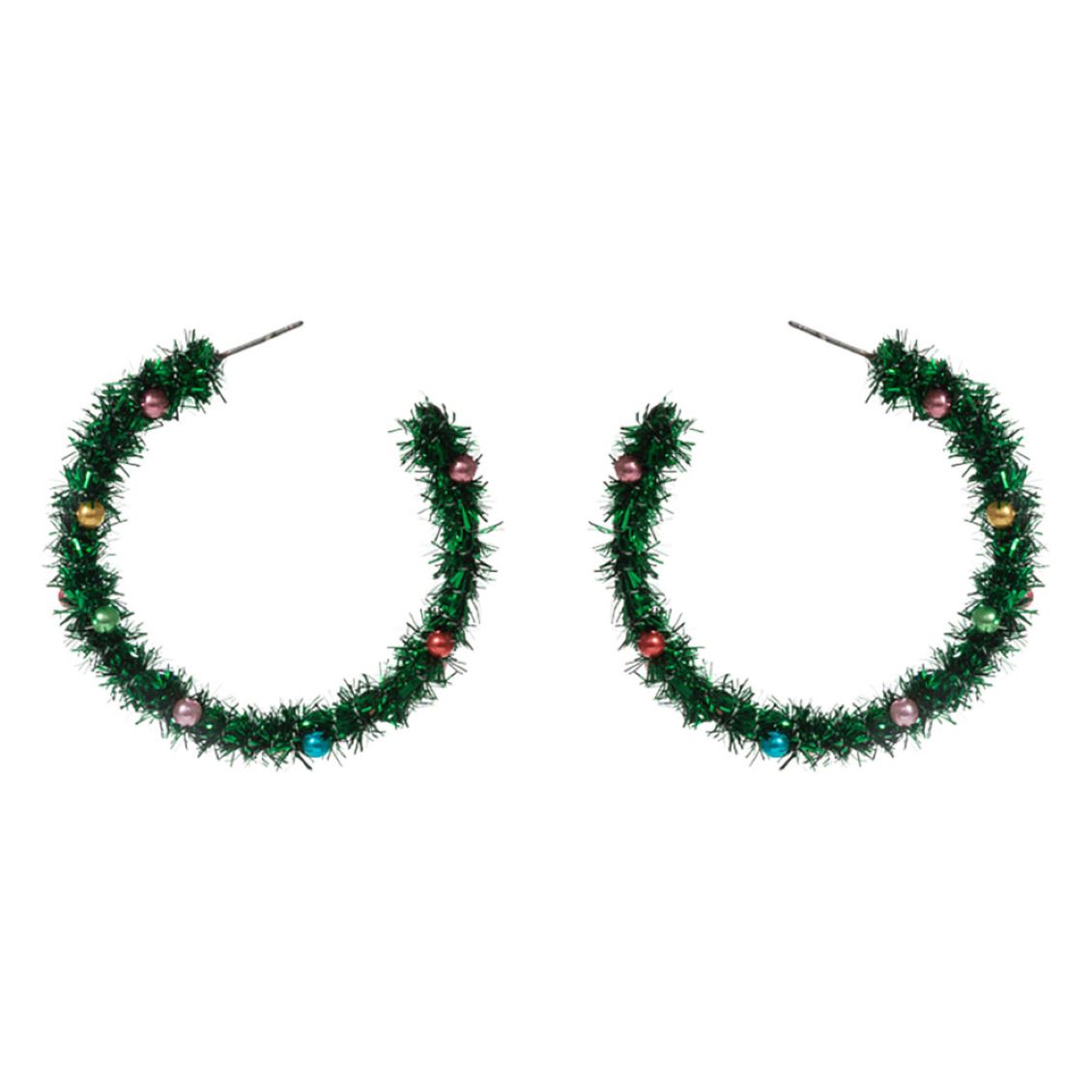 Celebrate the season with these festive tinsel hoop earrings, decorated with miniature ornament accents for a cheerful holiday touch. Lightweight and eye-catching, they’re perfect for adding playful flair to party outfits, winter gatherings, or seasonal celebrations.