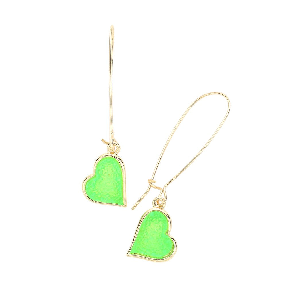 Green Neon Druzy Heart Dangle Earrings add a touch of sparkle to any outfit. Handcrafted with druzy stone hearts, these earrings are lightweight and versatile, making them perfect for everyday wear or special occasions. Show your love with these stunning and unique earrings.