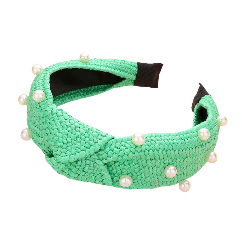 Green Pearl Embellished Straw Knot Burnout Headband, create a beautiful look while perfectly matching your color with the easy-to-use straw knot burnout headband. Push your hair back and spice up any plain outfit with this straw knot burnout headband!