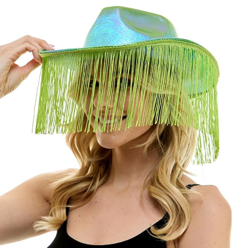 Green Shiny Western Cowboy Hat with Fringe is the perfect accessory for any Western-themed event. Made with high-quality materials, this hat features a classic cowboy design with a touch of modern shine. Stay on trend and make a statement with this stylish and durable hat.