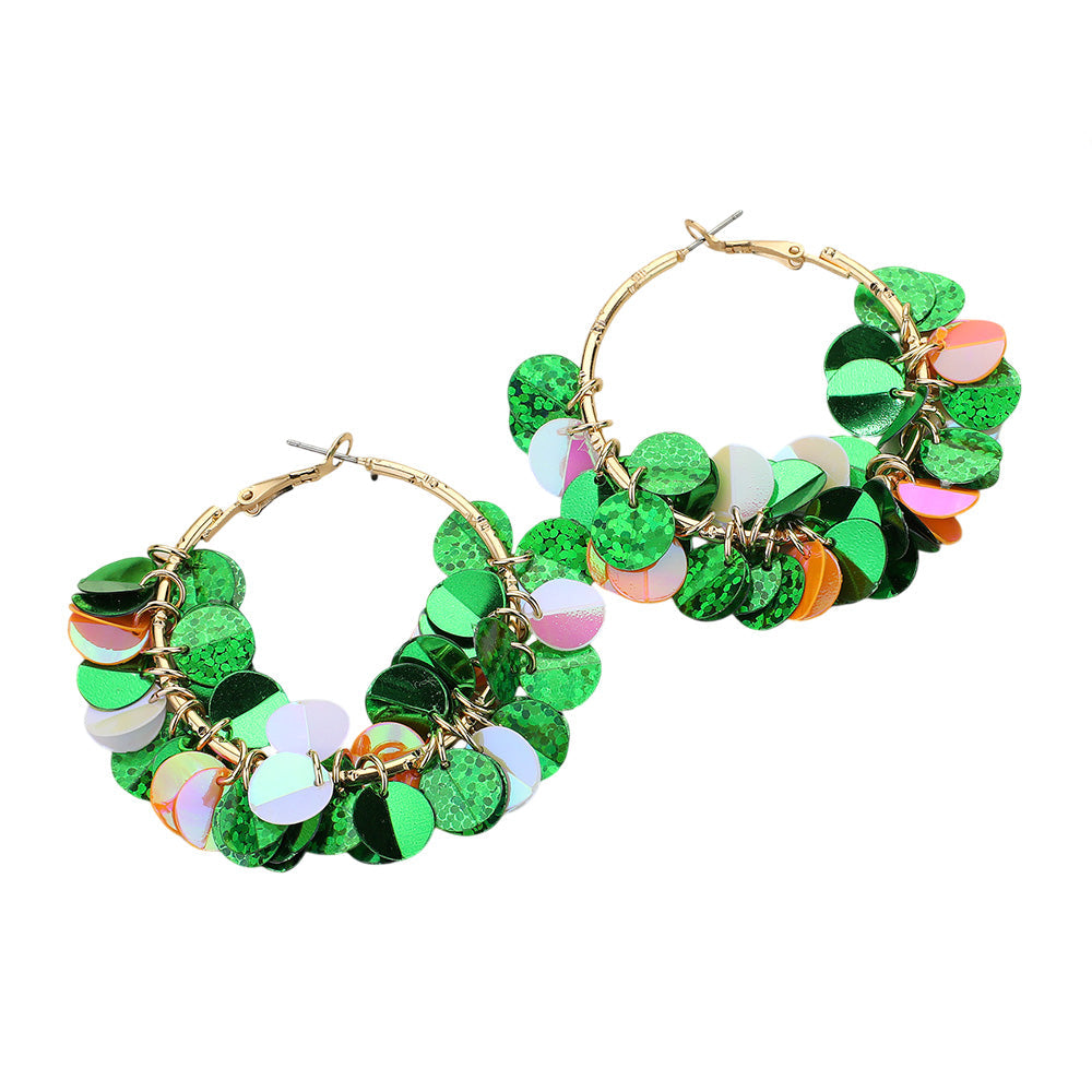 Green St Patrick's Day Sequin Dangle Hoop Earrings make the perfect accessory for your holiday outfit. The shimmering sequins and dangling hoops add a touch of festive elegance. With a lightweight design and secure clasp, they can be worn comfortably all day long. Show off your Irish pride in style. 