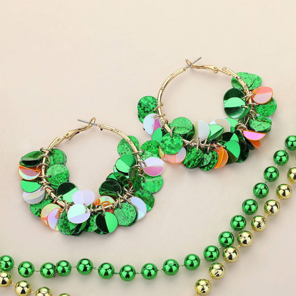 Green St Patrick's Day Sequin Dangle Hoop Earrings make the perfect accessory for your holiday outfit. The shimmering sequins and dangling hoops add a touch of festive elegance. With a lightweight design and secure clasp, they can be worn comfortably all day long. Show off your Irish pride in style. 