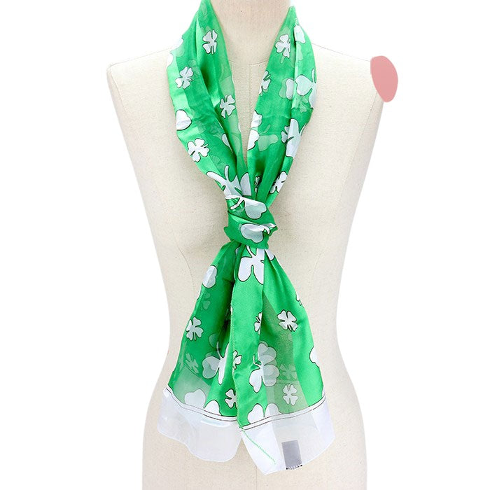 Green-White-6PCS Silk Feel Satin Striped Clover Print Scarves, perfect to accent your outlook with the St. Patrick's day Clover scarves & show your love for the Irish. The luck of the Irish will be with you this year while wearing this clover-themed silk scarf. These cute shamrock scarves are the perfect accessory to finish off.