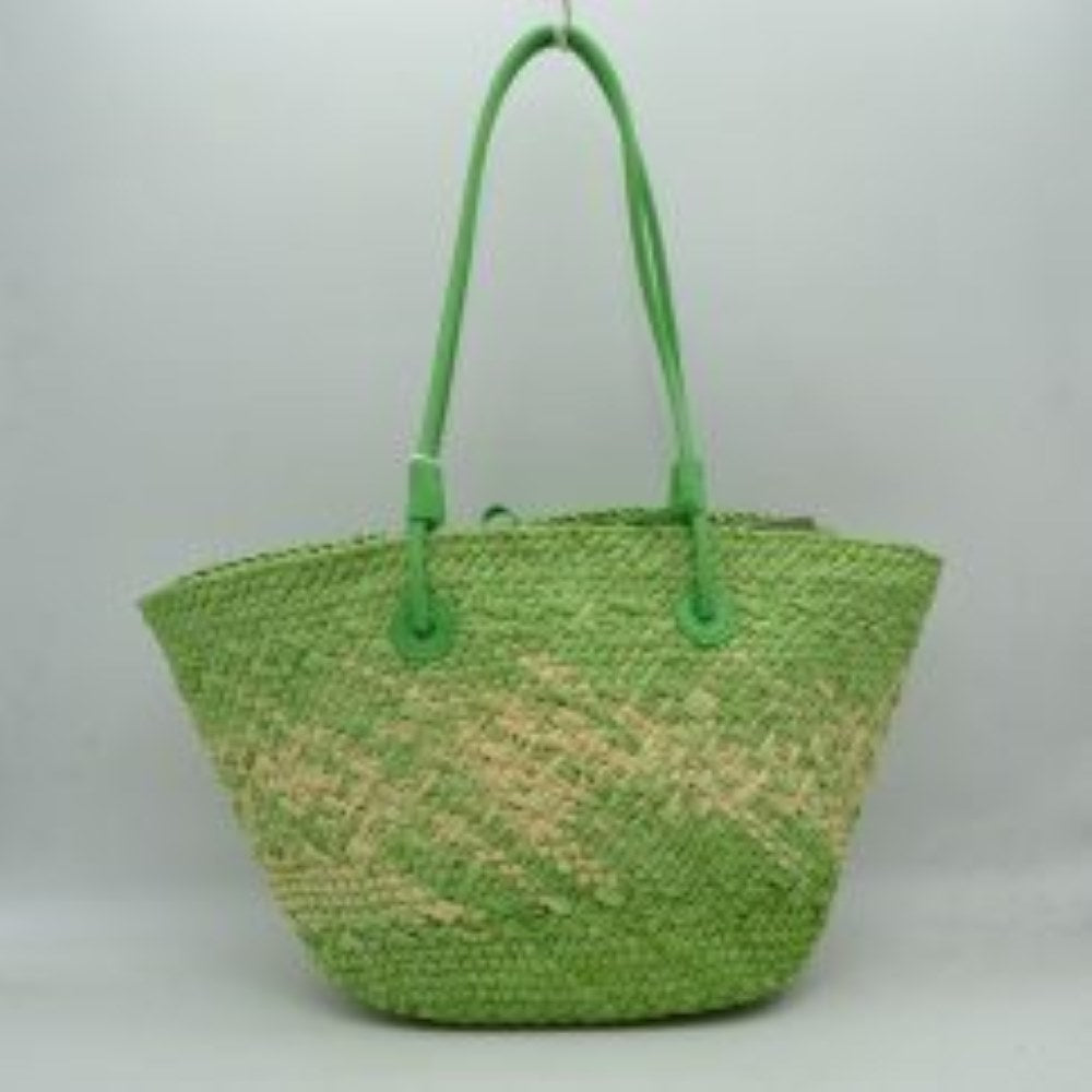 Green This everyday tote bag features a spacious, flared silhouette with a distinctive textured, woven pattern throughout the body. Designed for convenient daily carrying, it comes equipped with dual long, slim shoulder straps secured to the panels via tonal circular stitched anchors. The open top design reveals a central loop fastening detail along the upper rim, offering a minimalist accent to the generous main storage compartment
