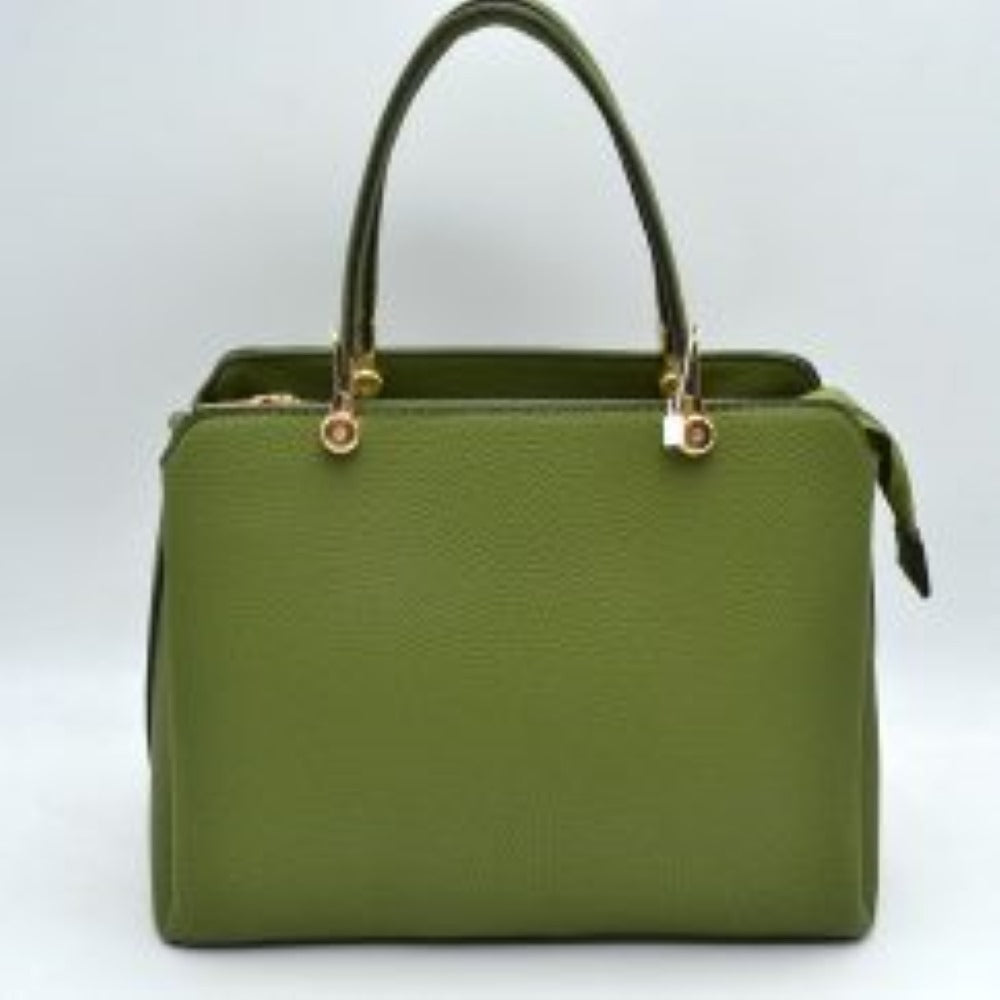 Green This structured handbag is designed for everyday use, featuring dual arched top handles attached with round metallic hardware. The design includes multiple storage compartments to organize your belongings, featuring a central zippered closure alongside separate side compartments.