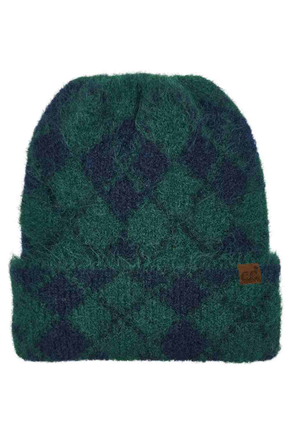 Green C.C Argyle Pattern Cuff Beanie Winter Hat features a classic argyle knit design with a cozy cuff for a timeless cold-weather look. Made with a soft stretch fit, it delivers warm comfort while adding subtle style to your everyday winter outfits.