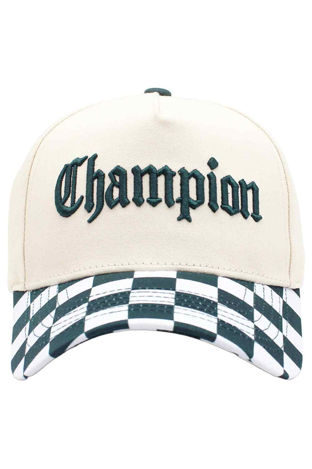 Green Classic baseball cap featuring the iconic CHAMPION embroidered letter on the front. The checkered brim adds a distinctive touch to this timeless style. Crafted from 100% cotton for breathability and comfort, perfect for everyday wear or outdoor activities. One size fits most. A versatile accessory that pairs effortlessly with casual outfits.