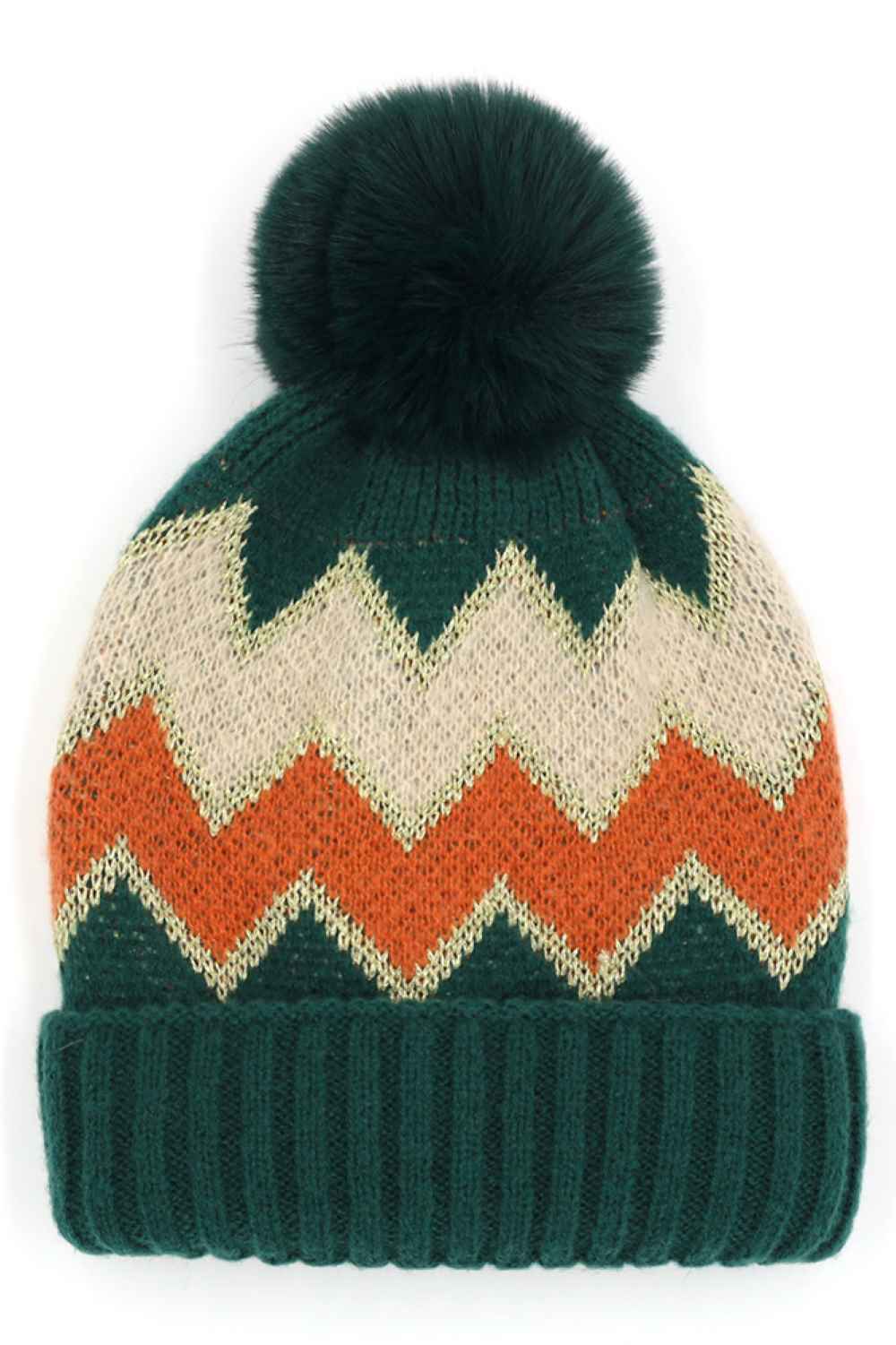 Green Chevron PomPom Fuzzy Fleece Beanie features a bold chevron pattern with a soft, fuzzy fleece texture and a playful pompom for a cozy, stylish winter look. Designed with a comfortable stretch fit, it keeps you warm while adding fun flair to your cold-weather outfits.