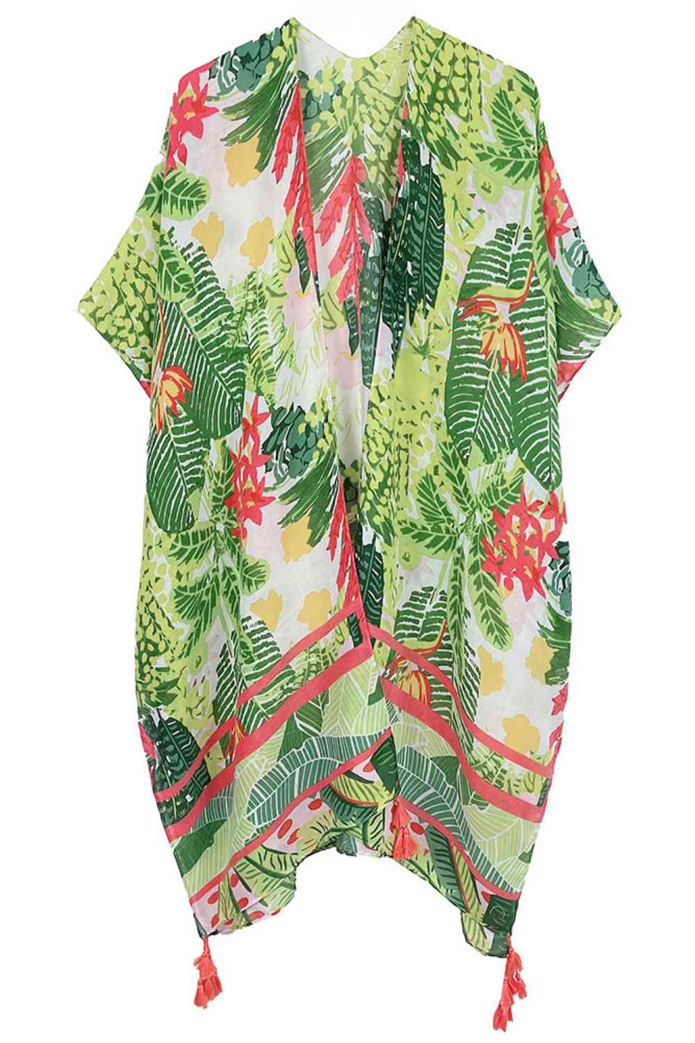 Green Embrace effortless elegance with this stunning floral pattern print tassel kimono. Crafted from 100% polyester, this lightweight piece drapes beautifully and moves with you throughout the day. Measuring 35.4" x 35.4", it's the perfect layering piece for any season—wear it over a dress, tank top, or swimsuit for instant style. The delicate floral print and charming tassel details add a touch of bohemian flair to your wardrobe. Versatile, comfortable, and easy to care for, this kimono is your go-to piec
