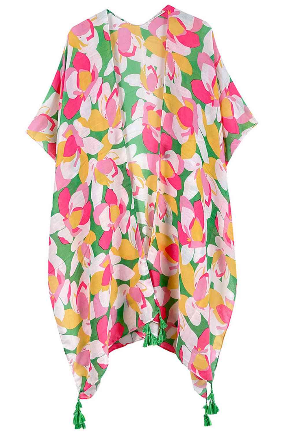Green Embrace effortless elegance with this Floral Print Tassel Kimono. Crafted from lightweight 100% polyester, this versatile piece features a stunning floral design and charming tassel details that add movement and dimension. With generous dimensions of 35.4" x 35.4", it drapes beautifully over any outfit for a relaxed, bohemian-inspired look. Perfect for layering over dresses, swimwear, or casual wear, this kimono transitions seamlessly from beach days to evening gatherings.