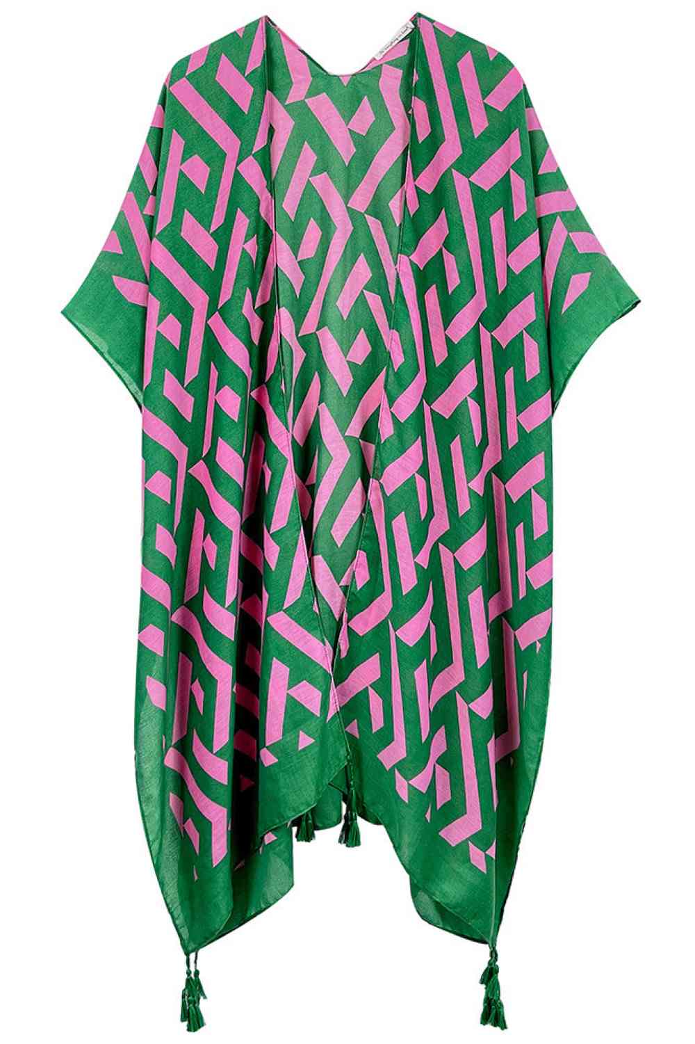 Green Elevate your wardrobe with this stunning Geometric Pattern Print Kimono. Crafted from 100% polyester, this lightweight piece features a bold, eye-catching geometric design that adds instant style to any outfit. With generous dimensions of 35.4" x 35.4", it drapes beautifully over dresses, tops, or swimwear for a versatile layering option. Perfect for beach days, casual outings, or lounging at home. The soft polyester fabric ensures comfort and easy care, making it an essential addition to your collect