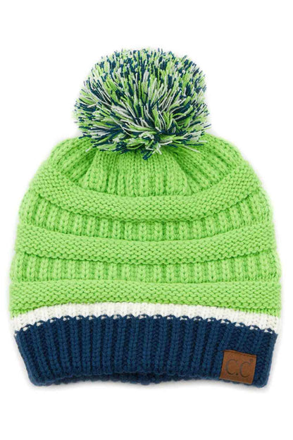 Green Navy The C.C Team Color Ribbed Beanie combines style and comfort in one versatile piece. Crafted from 100% acrylic, this beanie features a classic ribbed knit design with a playful pom on top, making it perfect for staying warm during chilly days.