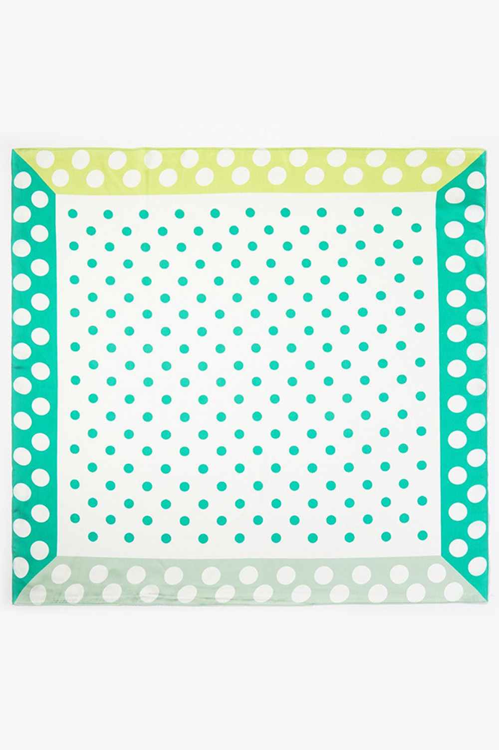 Green Elevate your accessory game with this versatile bandana scarf featuring a charming polka dot pattern accented by vibrant color edge blocks. Crafted from 100% lightweight polyester with a silky finish, it drapes beautifully and feels luxuriously soft against your skin. The generous 27.5" x 27.5" square dimensions offer endless styling possibilities—wear it as a headscarf, neck wrap, or tie it to your bag for a pop of personality. Perfect for all seasons, this easy-care piece transitions seamlessly from