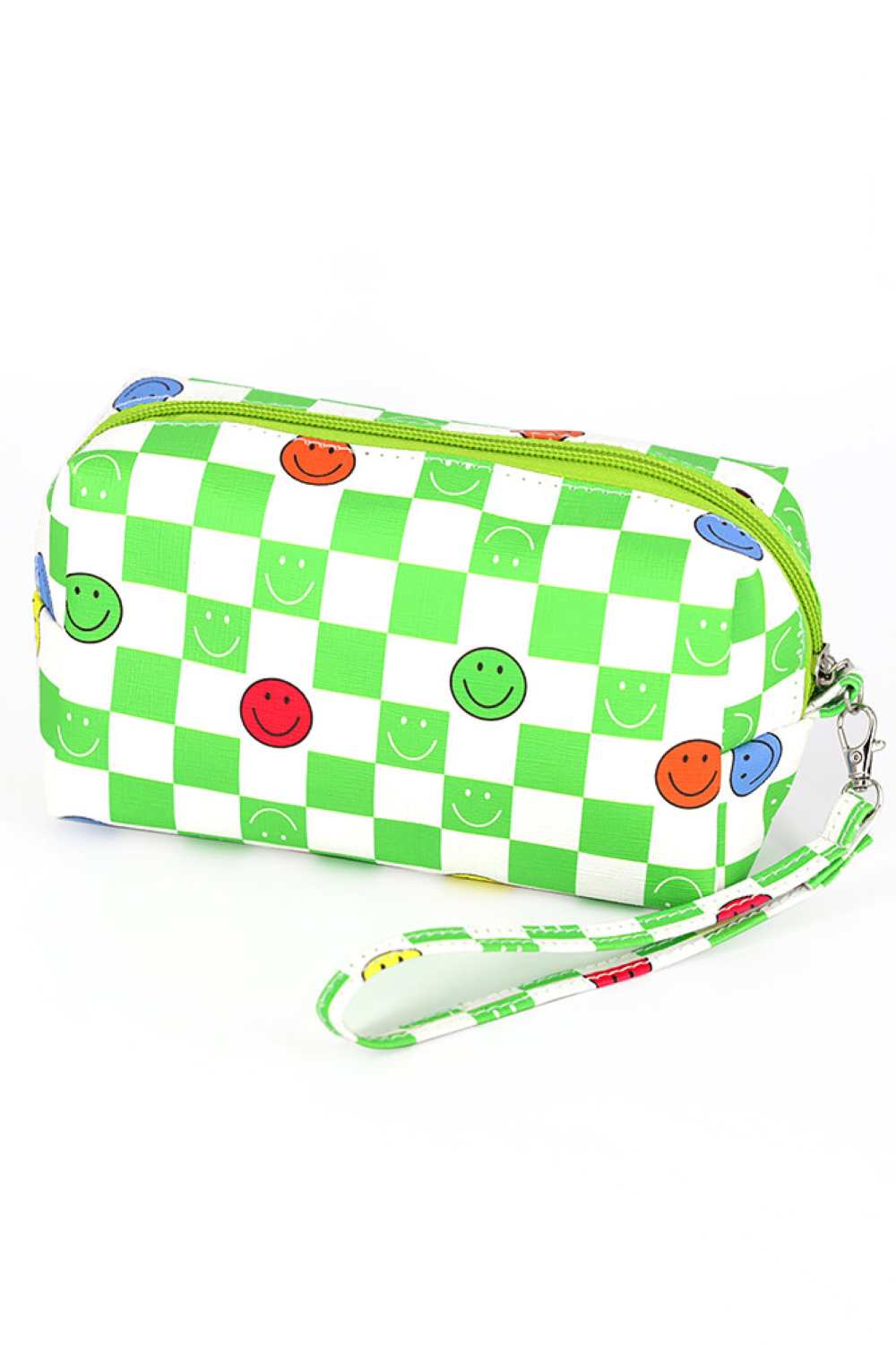 Carry your essentials with a cheerful touch. This wristlet pouch features a playful smile face pattern that brightens any day. Perfect for holding keys, cards, coins, and small items, it combines functionality with fun style. The secure wrist strap keeps your hands free while shopping, traveling, or on the go. A compact companion that adds personality to your everyday carry.