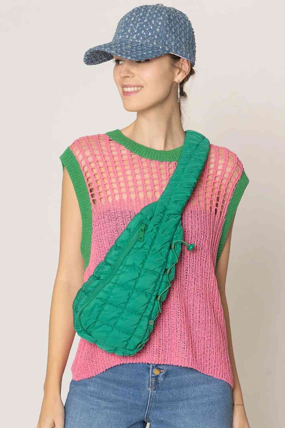 Green  Carry your essentials in style with this Solid Quilted Sling Bag. Crafted from durable 100% polyester with a classic quilted design, it offers a sleek, versatile look that complements any outfit. The adjustable sling strap allows for comfortable crossbody wear, making it perfect for everyday errands, travel, or casual outings. One size fits all