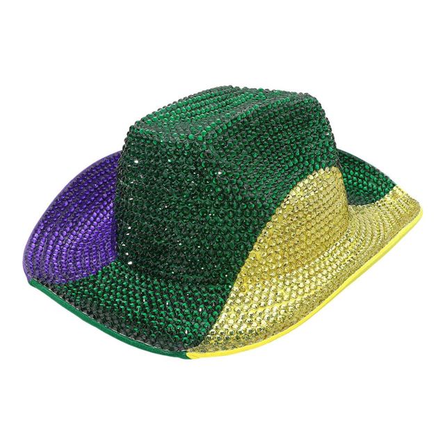 Green, Purple Eye-catching bling studded cowboy hat designed to stand out at parades, parties, and themed celebrations. Features a bold western silhouette with shimmering texture that adds playful personality to costumes, group events, photo moments, and festive styling.
