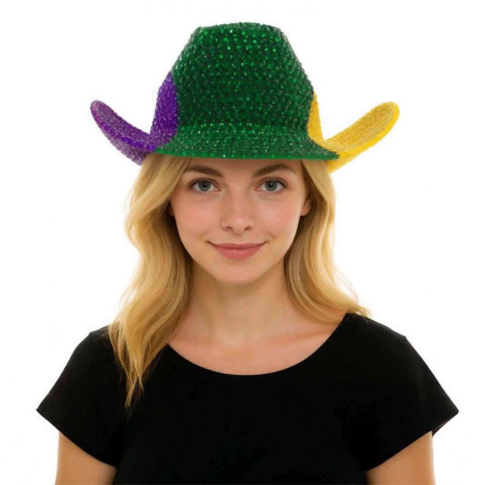 Green, Purple Eye-catching bling studded cowboy hat designed to stand out at parades, parties, and themed celebrations. Features a bold western silhouette with shimmering texture that adds playful personality to costumes, group events, photo moments, and festive styling.