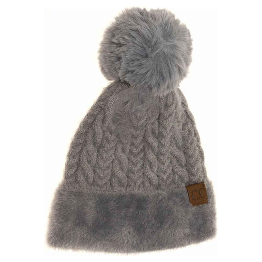 Grey C C Cable Knit Beanie With Faux Fur Knitted Cuff And Pom, Accessorize the fun way with this faux fur pom cable knit Beanie. The autumnal touch you need to finish your outfit in style. Cable knit Beanie made with warm acrylic and nylon yarn to ensure maximum comfort and durability. Ideal winter head cover! 